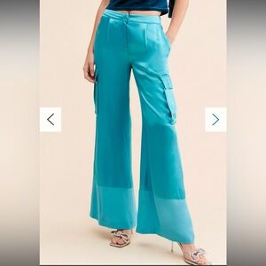 Corey Lynn Calter Satin Turquoise Wide-Leg Pants